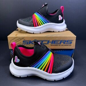 Skechers Kids Toddler Girls Black Rainbow Fantastic Slip On Shoes Size 7